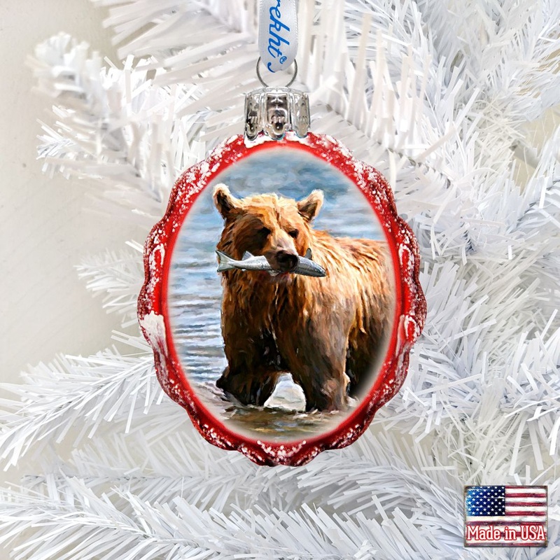Grizzly Bear W Fish Mercury Glass Ornament by G. DeBrekht – Wildlife Holiday Decor – 771052