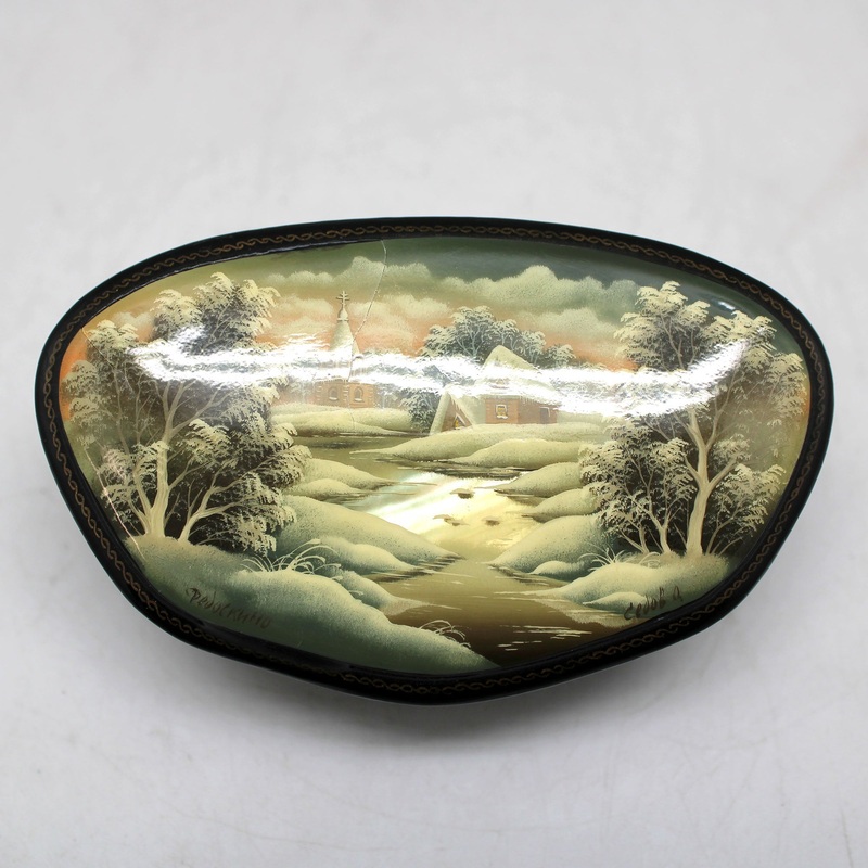 Handpainted Winter Landscape One-of-a-Kind Fedoskino Papier Mache Lacquered Miniature Box 4 x 2.75 Unique Handmade Gift Collectible and Home Decoration