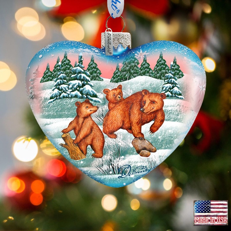 Kodiak Family Heart Glass Ornament by G. DeBrekht – Wildlife Holiday Decor – 73432