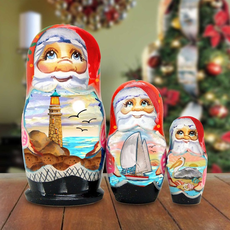 Lighthouse Santa Matreshka Nesting Hand-Painted Doll by G. DeBrekht – Coastal Holiday Decor – 147202