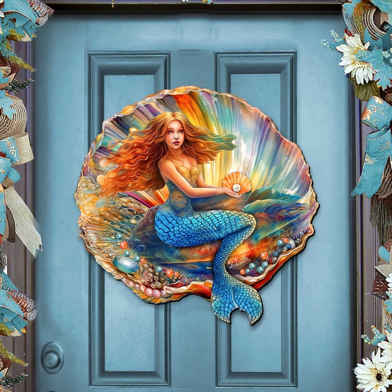 Mermaid in the Shell Holiday Door Decor by G. Debrekht – Coastal Holiday Decor – 8688200H
