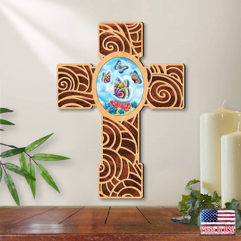New Life Butterfly Modern Wooden Cross by Museum Icons – Inspirational Icon Decor – 88290