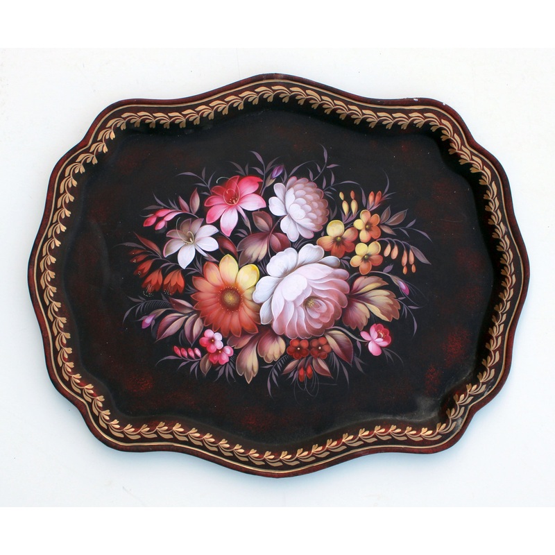 One-of-a-Kind Authentic Zhostovo Metal Tray hand-painted by Tatiana Sholohova – 18 x 15 – Functional Kitchenware Table and Unique Wall Dcor