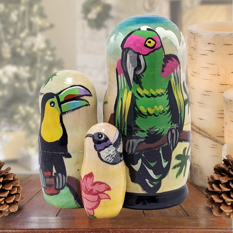 Parrot Matreshka Nesting Hand-Painted Doll Set of 3 by G. DeBrekht – Wildlife Holiday Decor – 14765