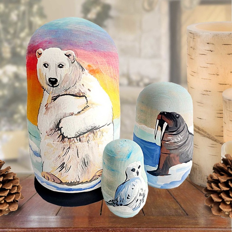 Polar Bear Matreshka Nesting Hand-Painted Doll Set of 3 by G. DeBrekht – Wildlife Holiday Decor – 14769