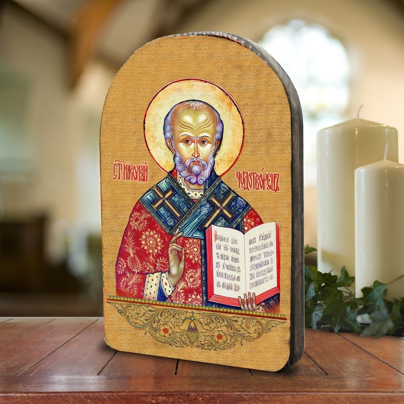 Saint Nicholas Wooden Gold Plated Religious Orthodox Sacred Icon – Inspirational Icon Decor – 86021