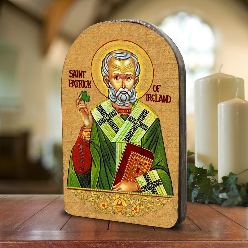 Saint Patrick Wooden Gold Plated Religious Celtic Sacred Icon – Inspirational Icon Decor – 86060