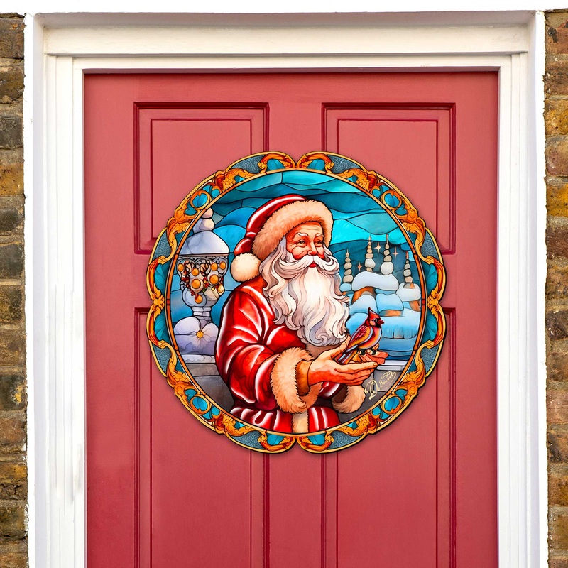 Santa with Red Cardinal Holiday Door Decor by G. Debrekht – Santa Snowman Decor – 8652807H