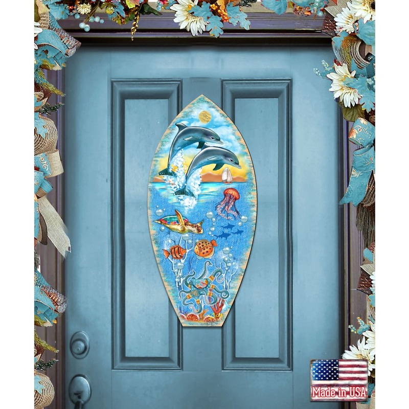 Sea Creatures Surfing Board Door Decor by G. DeBrekht – Coastal Holiday Decor – 8198522-3H