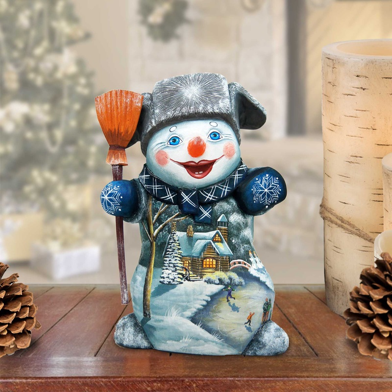 Snowy Memory Snowman Hand-Painted WOODCARVED Figurine by G. DeBrekht – 8215862 *** PRE-ORDER – Handmade Just for You! ***