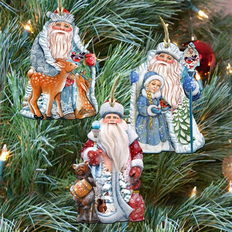 Story of Father Frost Wooden Ornaments Set of 3 by G. DeBrekht – Christmas Santa Snowman Decor – 8100023S3