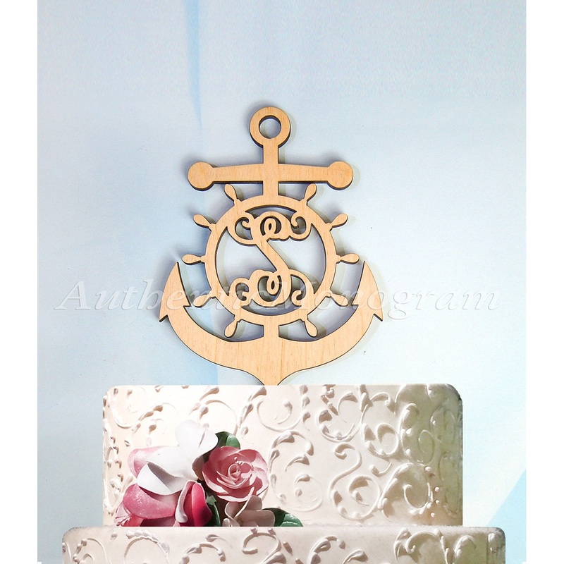 Wedding Cake Topper – A – Z Initial Wooden Anchor, Anchor Cake Topper, Birthday, Captains wheel, Nautical, Natural Wood