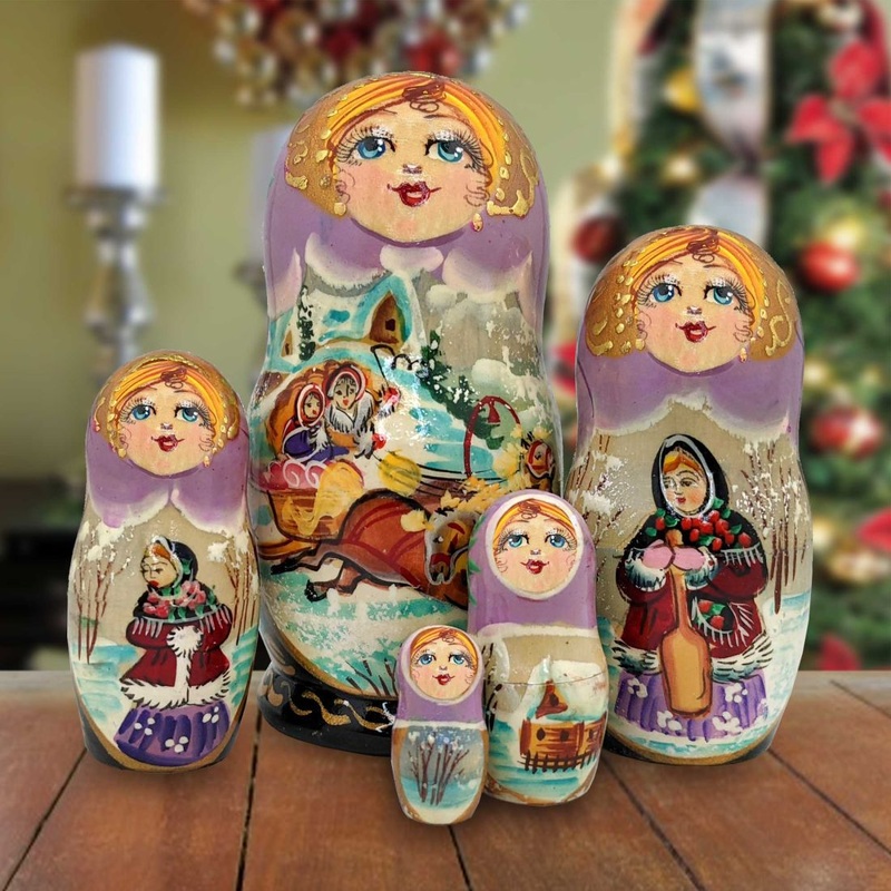 Winter Fun Matreshka Nesting Hand-Painted Dolls Set of 5 by G. DeBrekht – Christmas Decor – 140069