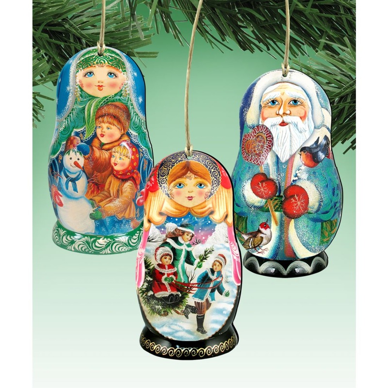 Winter Play Dolls Wooden Ornaments Set of 3 by G. DeBrekht – Christmas Decor – 8100109S3