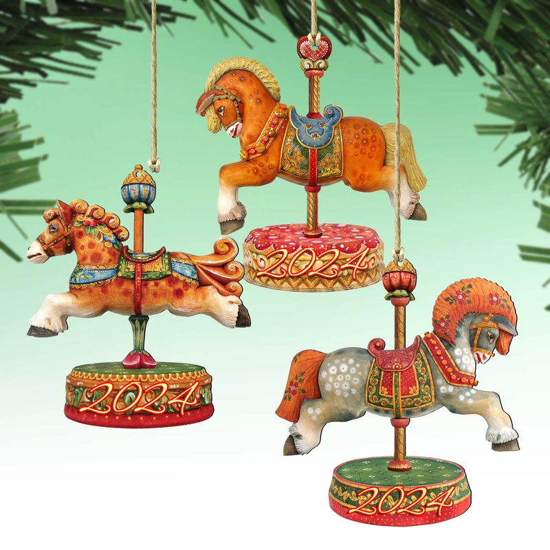 2024 Dated Wooden Carousel Ornaments Set of 3 by  – Christmas Decor – 8100087S3-D24