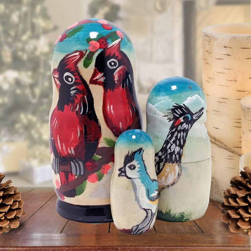 Cardinal Matreshka Nesting Hand-Painted Doll Set of 3 by G. DeBrekht – Wildlife Holiday Decor – 14761