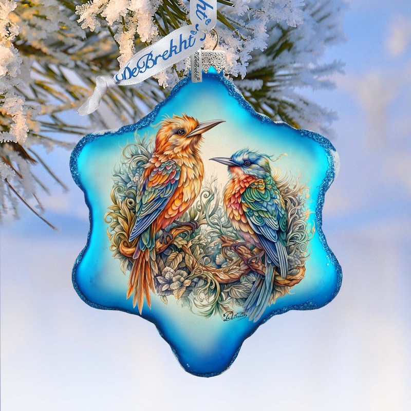 Colorful Birds Snowflake Glass Ornament by G. Debrekht – Wildlife Holiday Decor – 754-042
