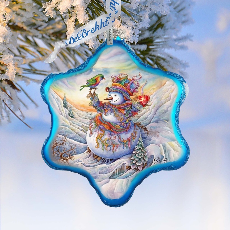 Festive Frosty Friend Snowflake Glass Ornament by G. Debrekht – Christmas Santa Snowman Decor – 754-045