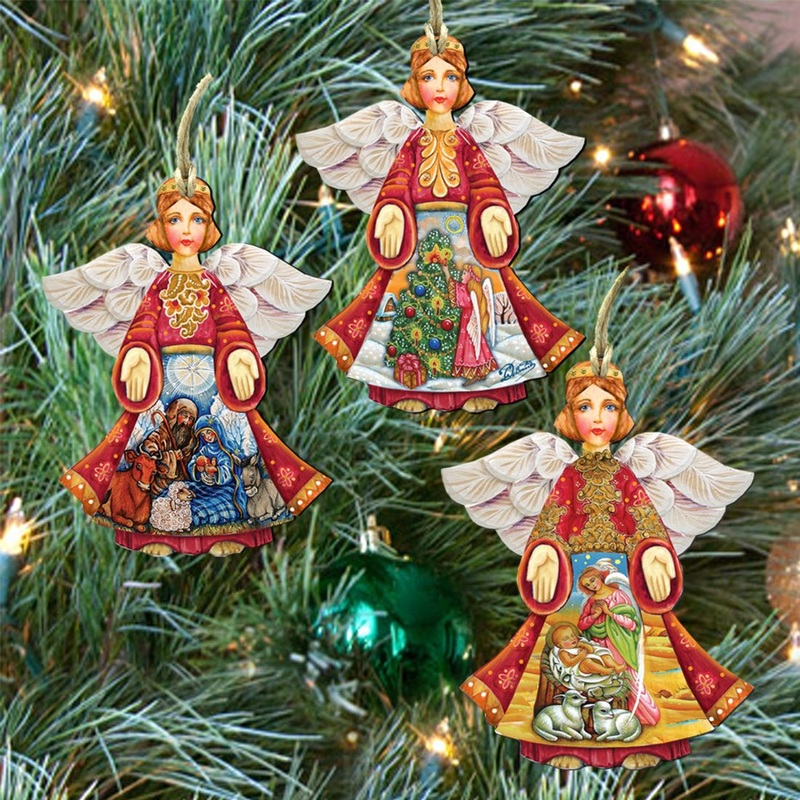 Guardian Angel Wood Wooden Ornaments Set of 3 by G. DeBrekht – Nativity Holiday Decor – 8100029S3