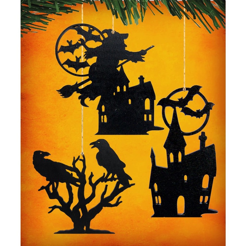 Halloween Wooden Ornaments-Witch,Castle,Birds-Set of 3 – Thanksgiving Halloween Decor – 8100187S3