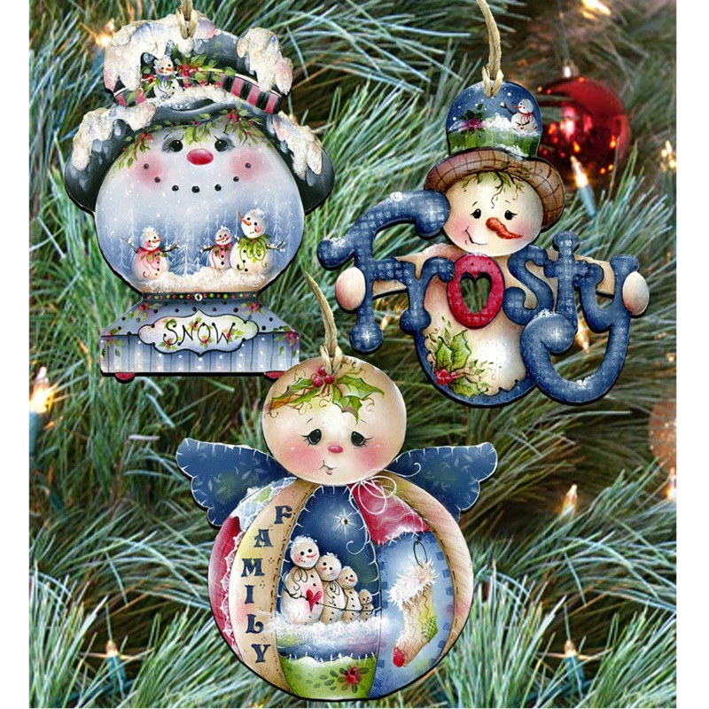 Home for The Holidays Wooden Ornaments Set of 3 by Jamie Mills-Price – Christmas Santa Snowman Decor – 8100037S3-MP