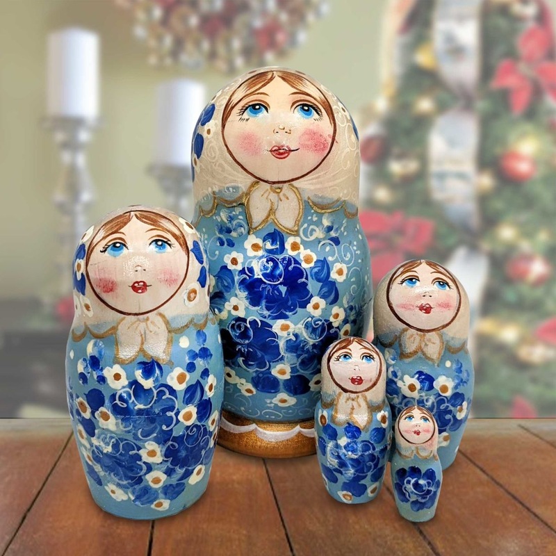 Light Blue Floral Matreshka Nesting Hand-Painted Dolls Set of 5 by G. DeBrekht – Christmas Decor – 140140-3