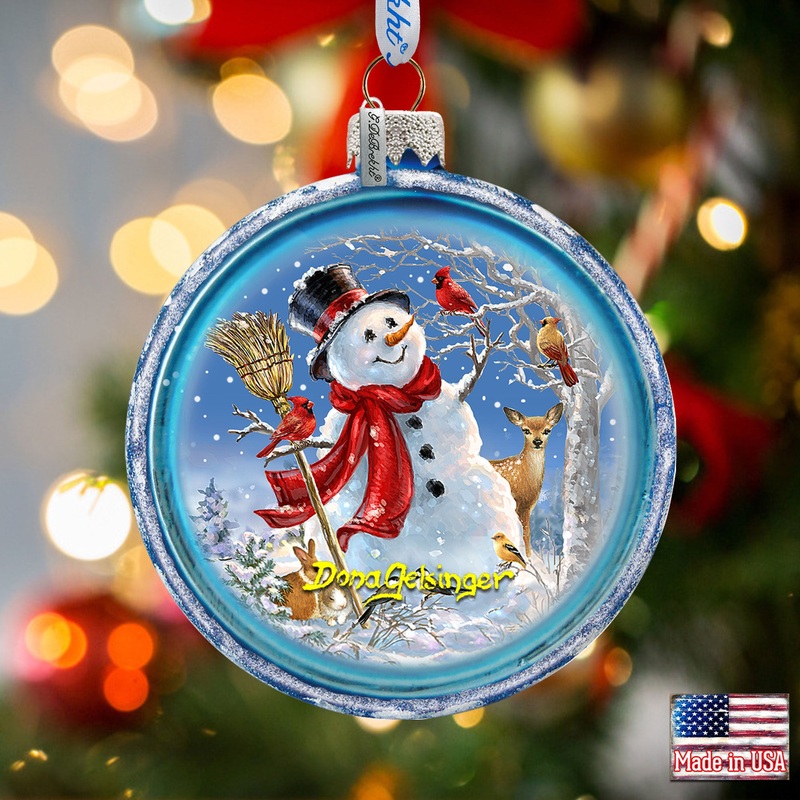 Night Snowman With Birds Glass Ornament by D. Gelsinger – Christmas Santa Snowman Dcor – 71105C-DG