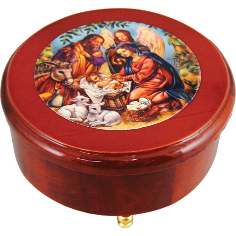 One-of-a-Kind Nativity Round Wooden Music Box 6.5×3, Decor by , Unique Hand Carved Gift
