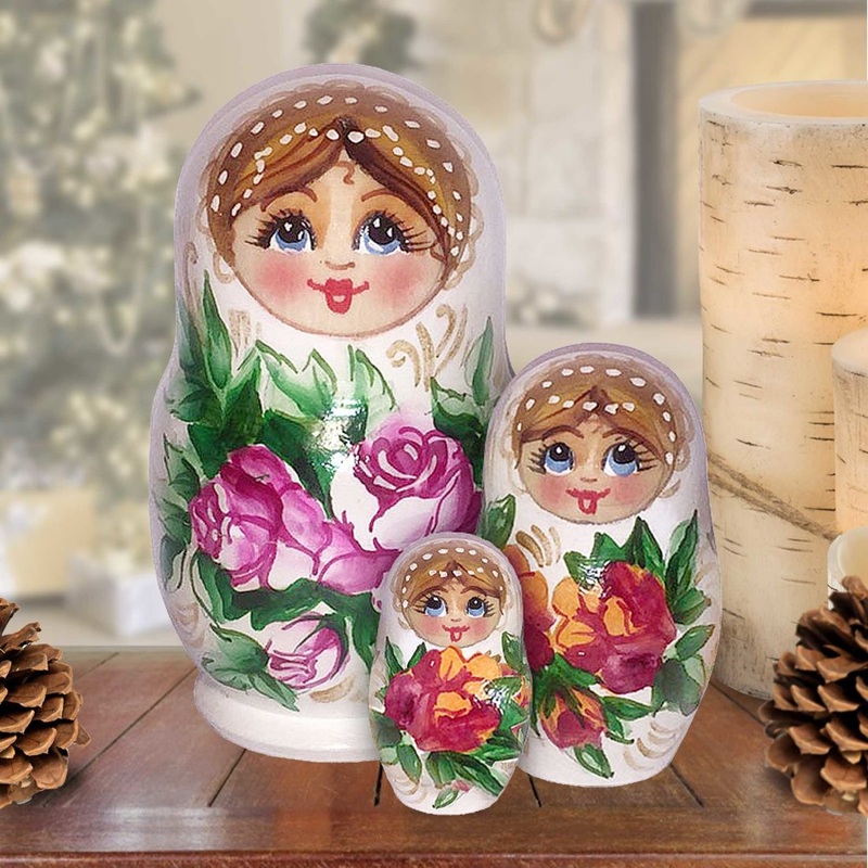 Rosehip Matreshka Nesting Hand-Painted Doll Set of 3 by G. DeBrekht – Christmas Decor – 14751