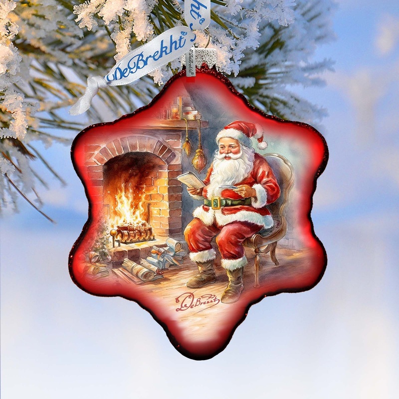 Santa at the Fireplace Snowflake Glass Ornament by G. Debrekht – Christmas Santa Snowman Decor – 754-047
