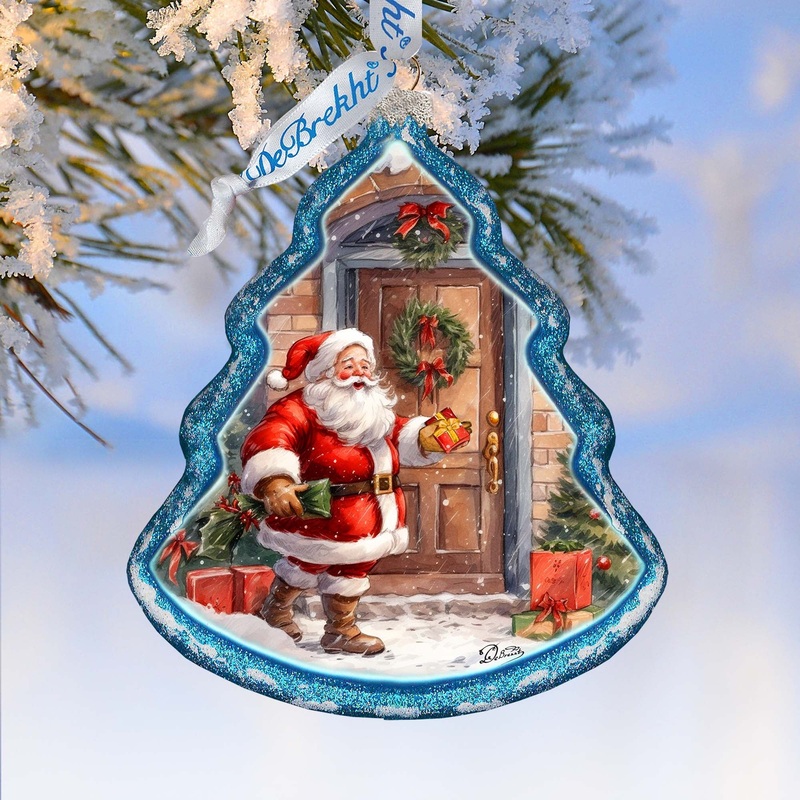 Santa Knocking at the Door Tree Glass Ornament by G. Debrekht – Christmas Santa Snowman Decor – 762-030