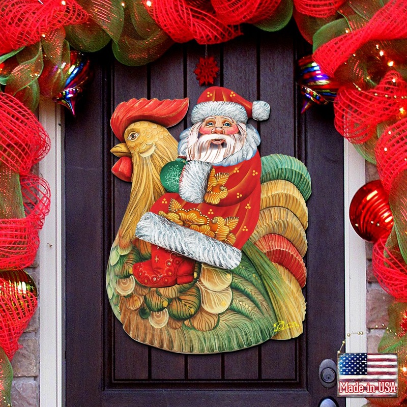 Santa Rooster Christmas Door Decor by G. DeBrekht – Christmas Santa Snowman Decor – 8111340H