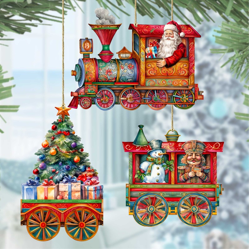 Santa’s Train Wooden Ornaments Set of 3 by G. Debrekht – Christmas Dcor – 8100202S3