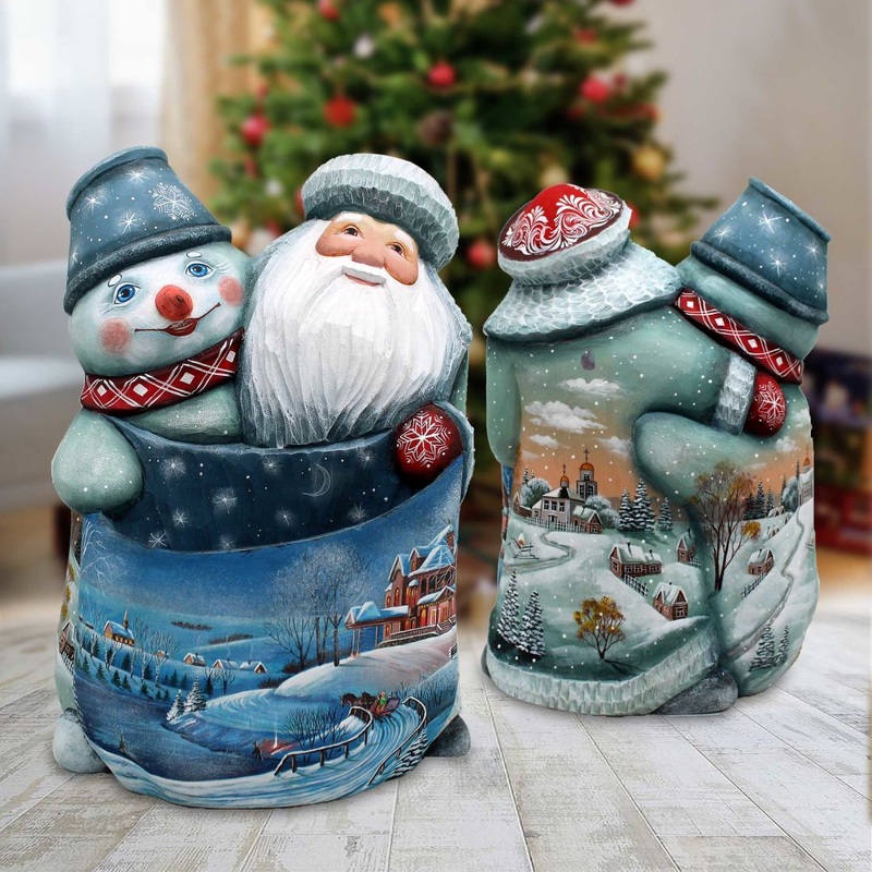 Santa Snowman Bag Hand-Painted WOODCARVED Masterpiece by G. DeBrekht – Christmas Santa Snowman Decor – 2821709
