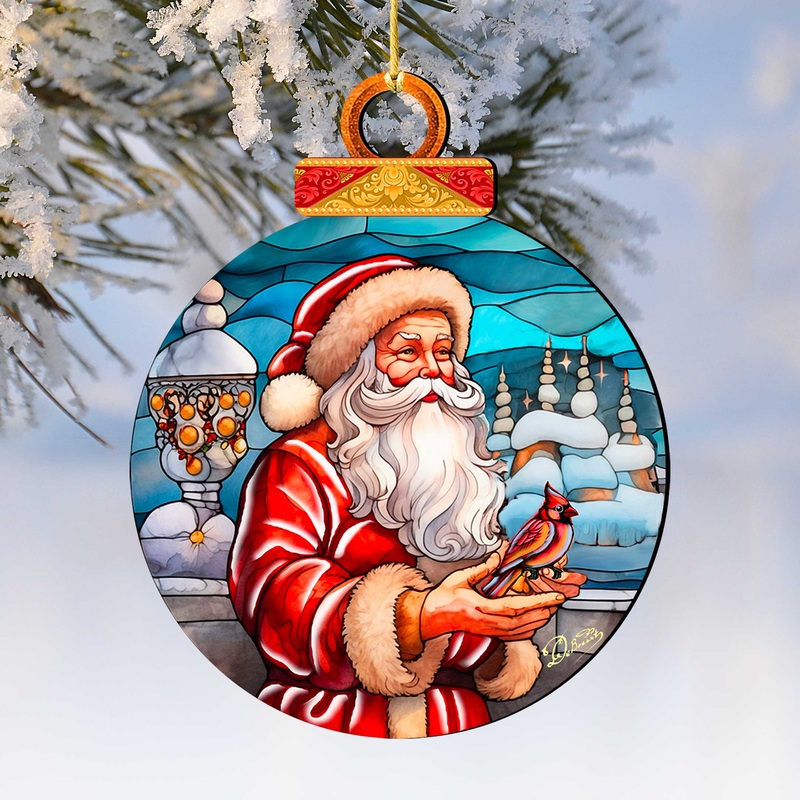 Santa with Red Cardinal Holiday Wooden Ornaments by G. Debrekht – Santa Snowman Decor – 8652807