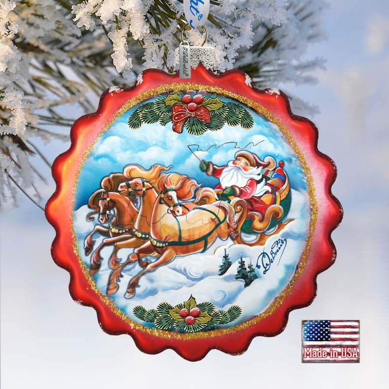 Sleigh Ride Flower Glass Ornament by G. DeBrekht – Christmas Santa Snowman Decor – 759-003