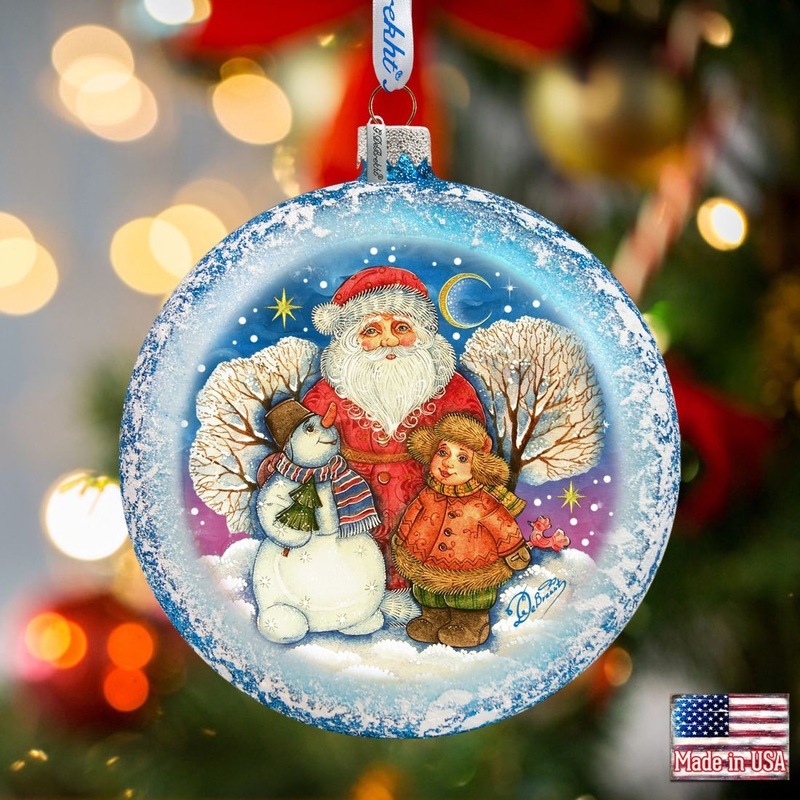 Snow Fun Santa Glass Ornament by G. DeBrekht – Christmas Santa Snowman Decor – 744-039