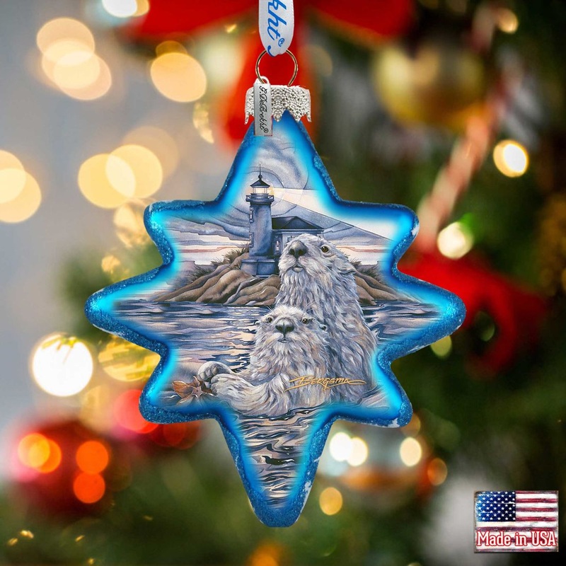 Starlight Otter Lighthouse Glass Ornament by J. Bergsma – Wildlife Holiday Decor – 755-572-JB