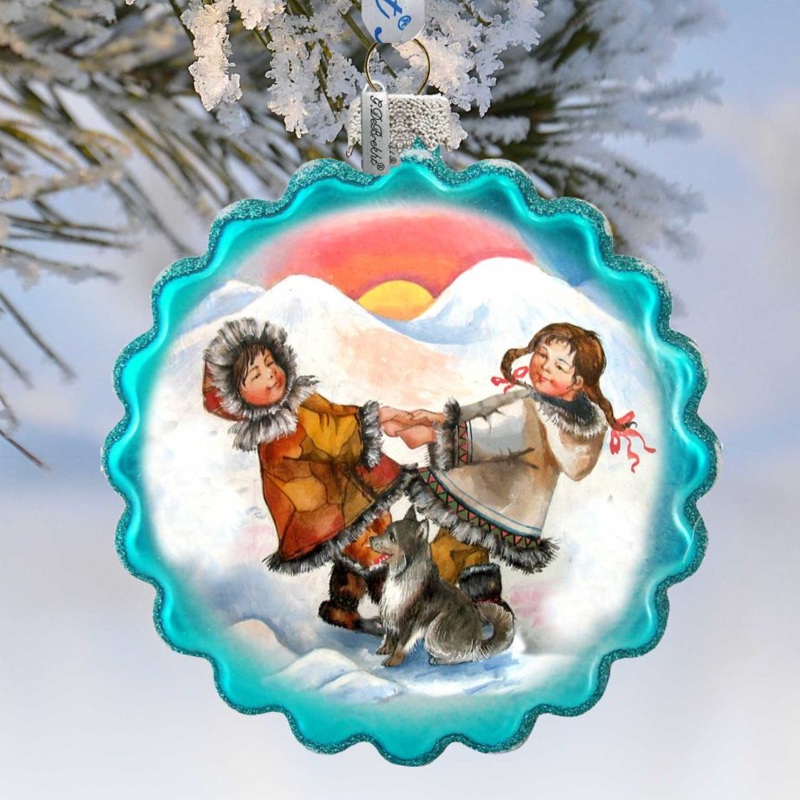 Alaska Kids Wreath Glass Ornament by G. DeBrekht – Wildlife Holiday Decor – 759-037