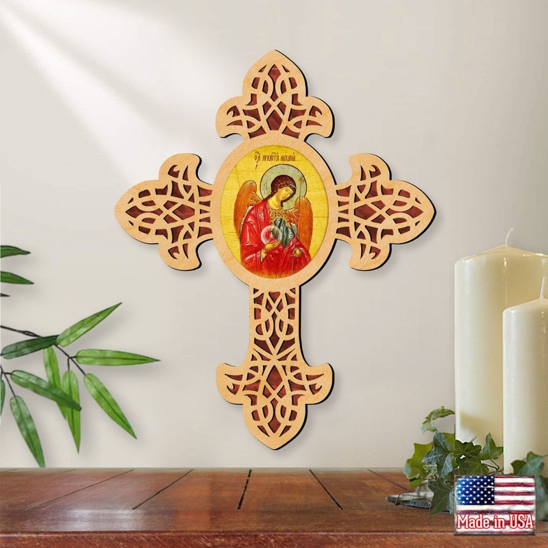 Archangel Michael Pointy Wooden Cross by Museum Icons – Inspirational Icon Decor – 88327