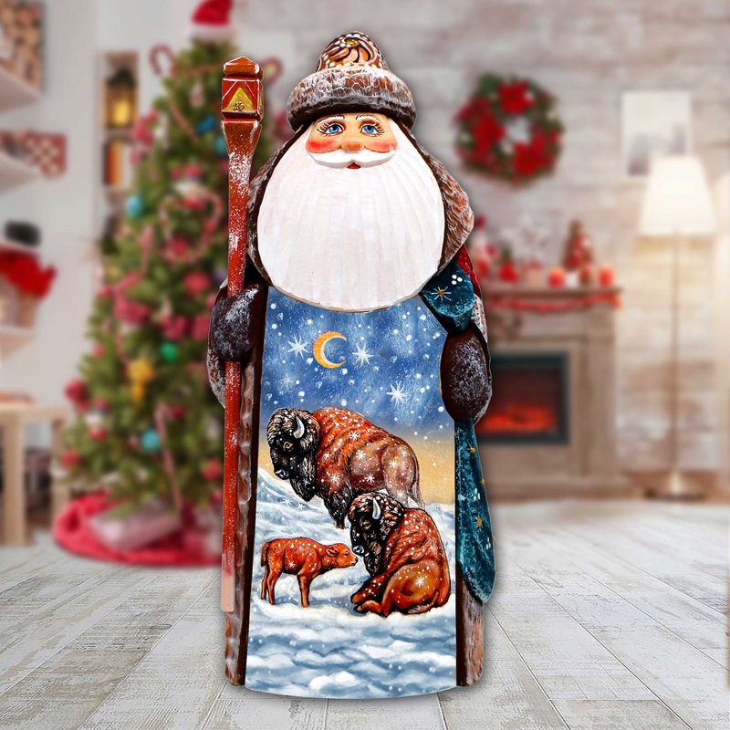 Bison’s Family Santa Hand-Painted WOODCARVED Masterpiece Figurine by G. DeBrekht – Christmas Decor – 8201025