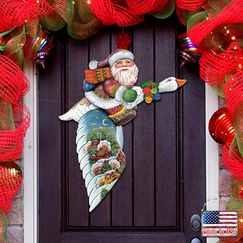 Goose Traveling Santa Christmas Door Decor by G. DeBrekht – Christmas Santa Snowman Decor – 8114060H