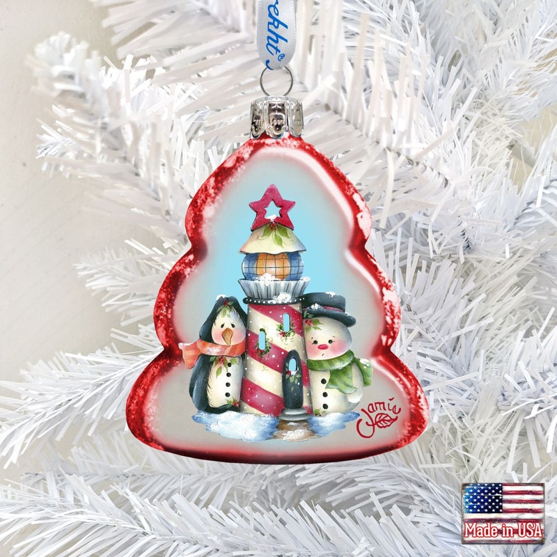 Lighthouse Penguin & Snowman Mercury Glass Ornament by Jamie Mills-Price – Christmas Santa Snowman Decor – 778203-7508