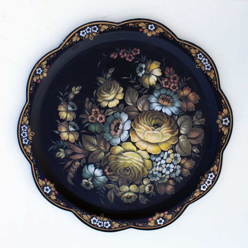 One-of-a-Kind Authentic Zhostovo Metal Tray Hand-Painted by Tatiana Sholohova – 17 D Functional Kitchenware Table and Unique Wall Decor