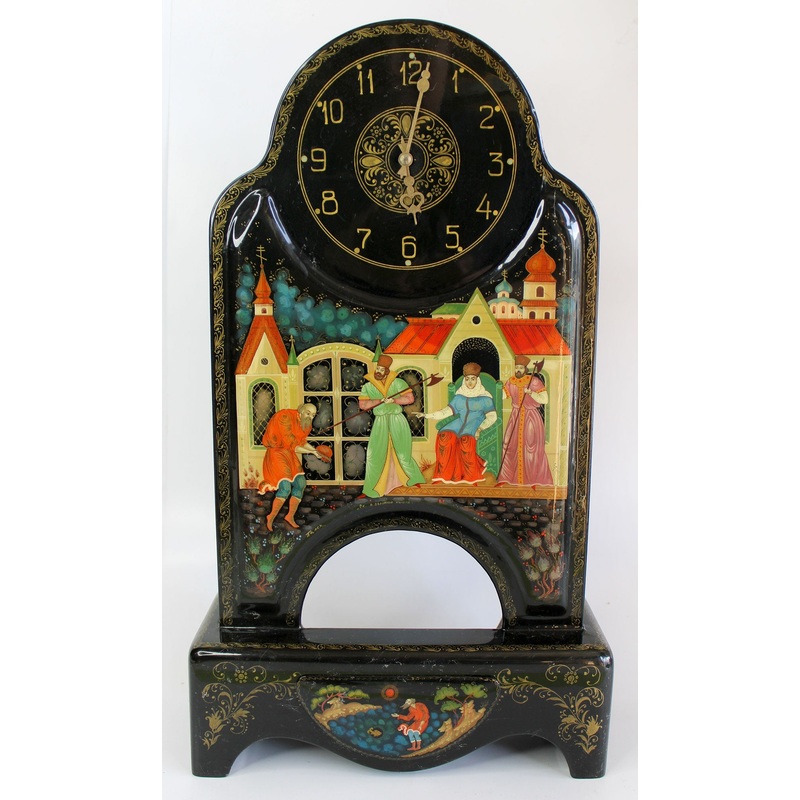 One-of-a-Kind Goldfish Fairytale Clock Palekh Lacquered Miniature Decor 18 by G. DeBrekht Unique Handmade Gift Collectible and Home Decoration