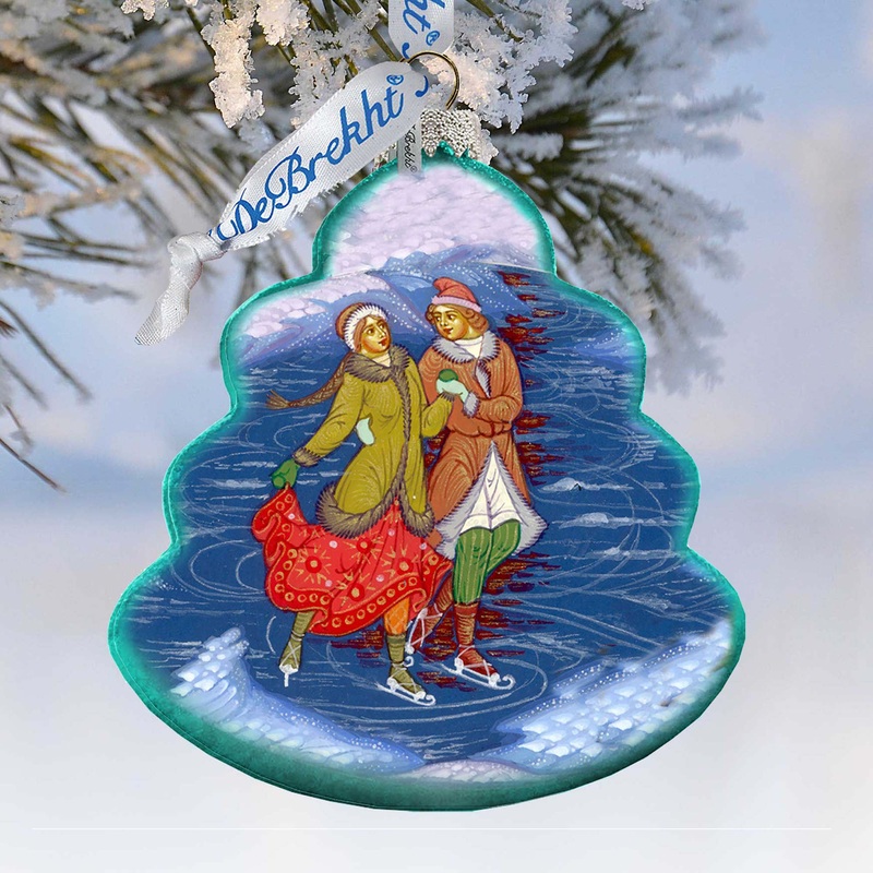 Palekh Skating Couple Glass Ornament by G. DeBrekht – Christmas Decor – 762-022