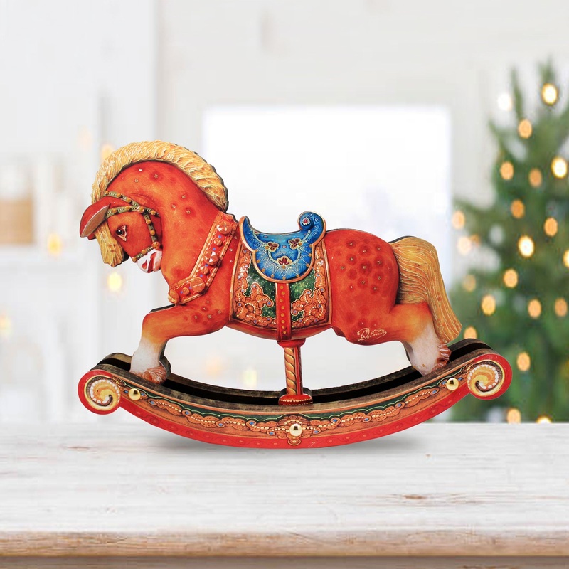 Rocking Horse Decorated Centerpiece Wooden Figurine by  – Christmas Santa and Snowman Decor – 89311
