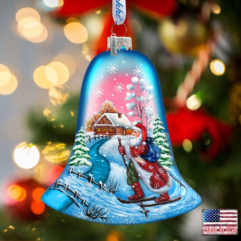 Santa on Ski Bell Glass Ornament by G. DeBrekht – Christmas Santa Snowman Decor – 73342