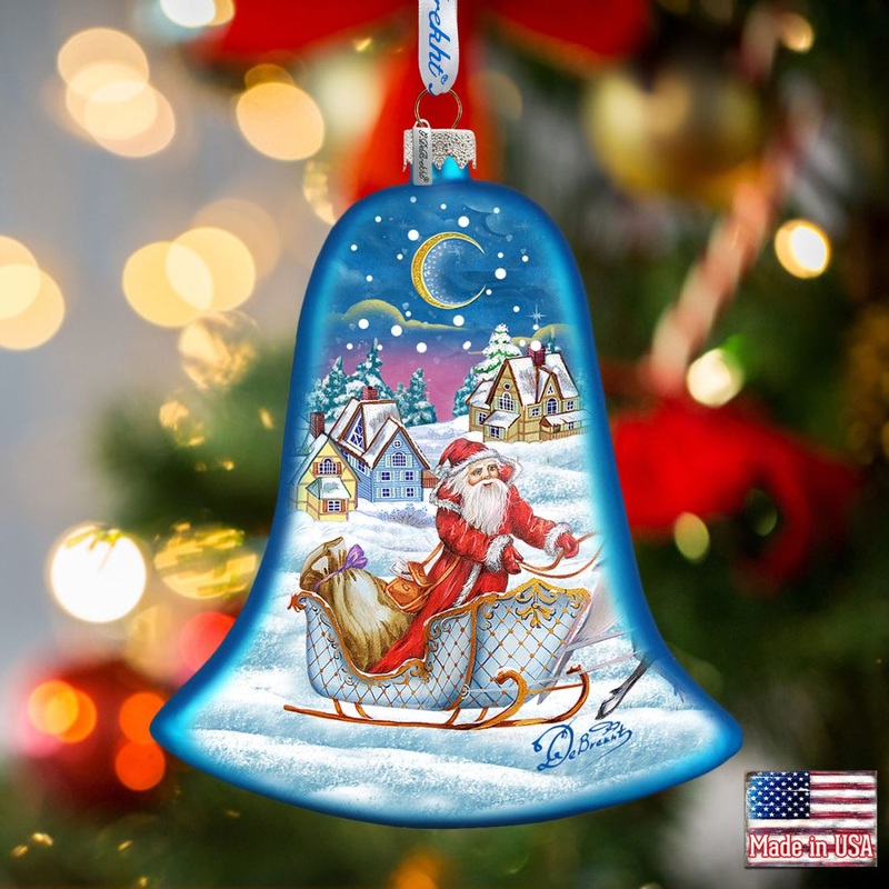 Santa Sleigh Bell Glass Ornament by G. DeBrekht – Christmas Santa Snowman Decor – 73341