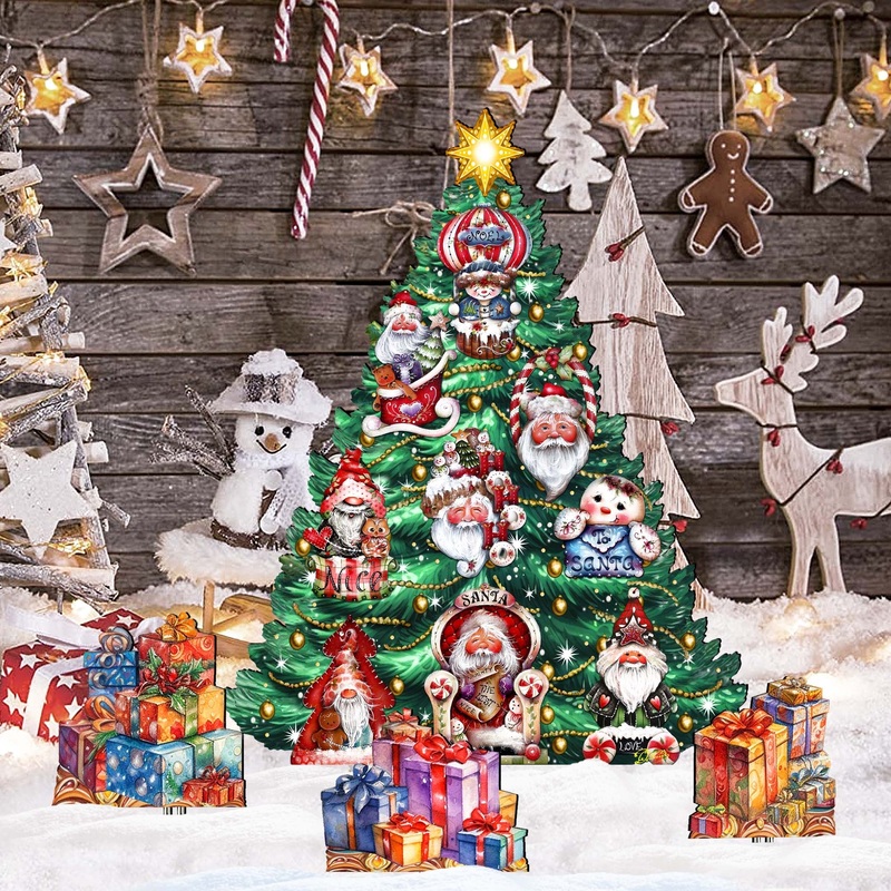 Santa-Themed Christmas Tree Set Outdoor Indoor Decor Wooden Christmas Decoration by Jamie Mills-Price – Christmas Decor – 8191509F-G